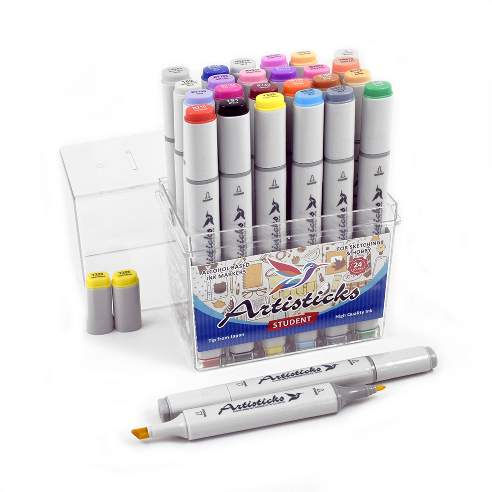 Профессиональные двусторонние художественные маркеры Artisticks®  Палитра 24 цвета Тематический набор STUDENT / «Студент»  на спиртовой основе